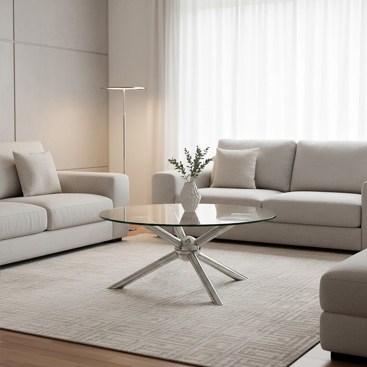 Round Clear Tempered Glass Top Coffee Table with Silver Finish Stainless Steel Base, Novo