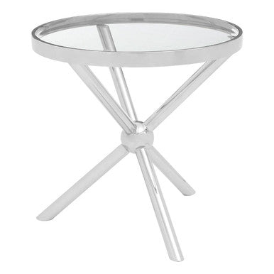 Clear Tempered Glass Round Top Side Table with Silver Finish Stainless Steel Base, Novo
