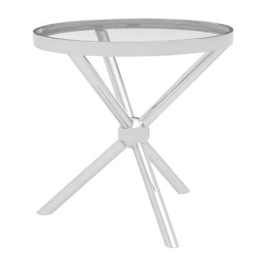 Clear Tempered Glass Round Top Side Table with Silver Finish Stainless Steel Base, Novo