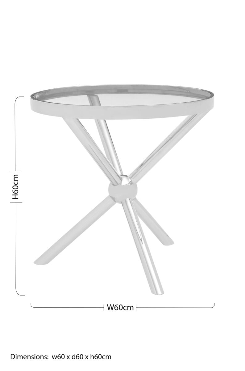 Clear Tempered Glass Round Top Side Table with Silver Finish Stainless Steel Base, Novo
