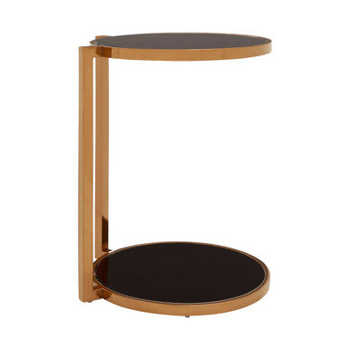 Black Tempered Glass Round Top 2 Tier Side Table with Rose Gold Finish Steel Frame, Novo