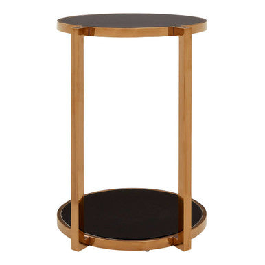 Black Tempered Glass Round Top 2 Tier Side Table with Rose Gold Finish Steel Frame, Novo