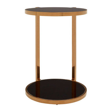 Black Tempered Glass Round Top 2 Tier Side Table with Rose Gold Finish Steel Frame, Novo