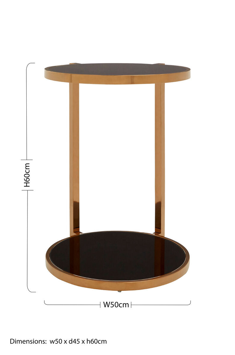 Black Tempered Glass Round Top 2 Tier Side Table with Rose Gold Finish Steel Frame, Novo