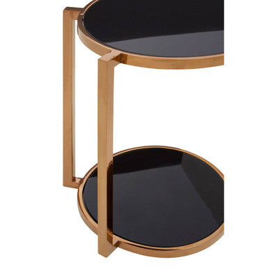 Black Tempered Glass Round Top 2 Tier Side Table with Rose Gold Finish Steel Frame, Novo