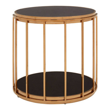 Rose Gold Steel Cage Design Frame Side Table with Tempered Black Glass, Novo