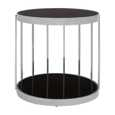 Silver Steel Cage Design Frame Side Table with Tempered Black Glass, Novo