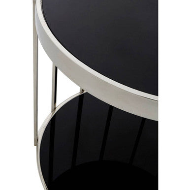 Silver Steel Cage Design Frame Side Table with Tempered Black Glass, Novo