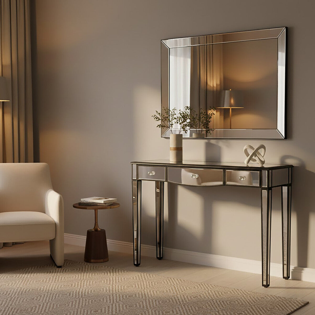 Mirrored White Wooden 3-Drawer Console Table with Black Trim Frame, Graciela