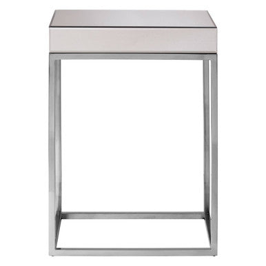 Silver Mirrored and Wooden Side Table with Stainless Steel Frame, Gianna