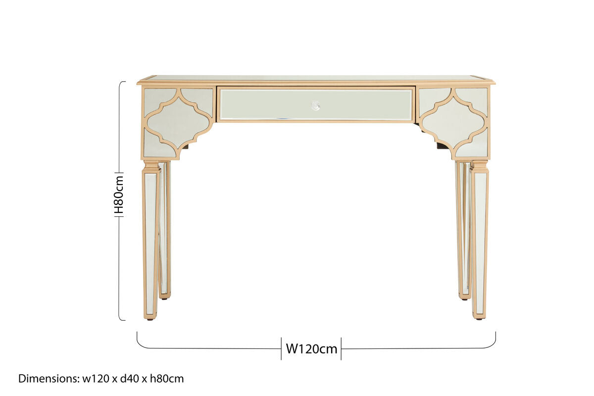 Mirrored Panel 1 Drawer Console Table with Gold Finish Frame and Crystal Knob, Grazia