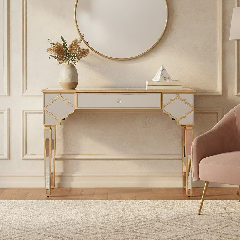 Mirrored Panel 1 Drawer Console Table with Gold Finish Frame and Crystal Knob, Grazia