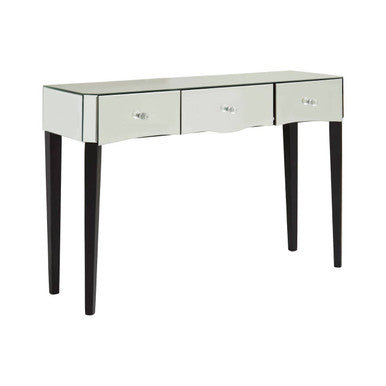 Mirrored Console Table with Black Finish Wooden Legs and Crystal Drawer Knobs, Gabriella