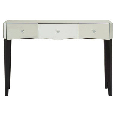 Mirrored Console Table with Black Finish Wooden Legs and Crystal Drawer Knobs, Gabriella