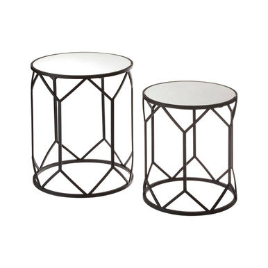 Avantis Black Finish Set of 2 Round Side Tables with Hexagon Design