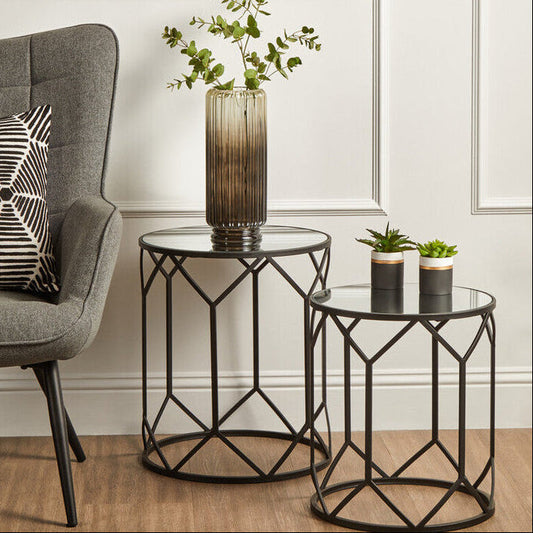 Avantis Black Finish Set of 2 Round Side Tables with Hexagon Design