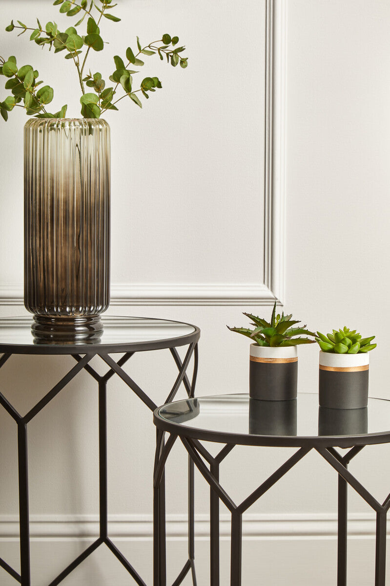 Set of 2 Black Geometric Metal Side Tables with Mirrored Glass Tops, Avantis