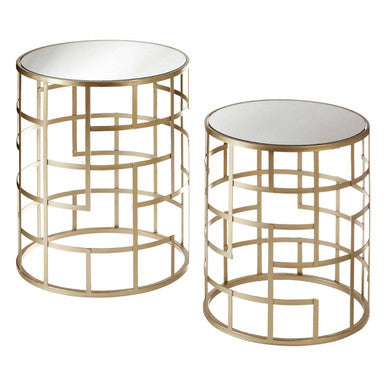 Set of 2 Gold Champagne Finish Art Deco Metal Base Side Tables with Mirrored Glass Tops, Avantis