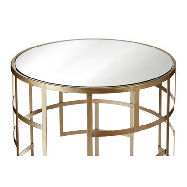 Set of 2 Gold Champagne Finish Art Deco Metal Base Side Tables with Mirrored Glass Tops, Avantis