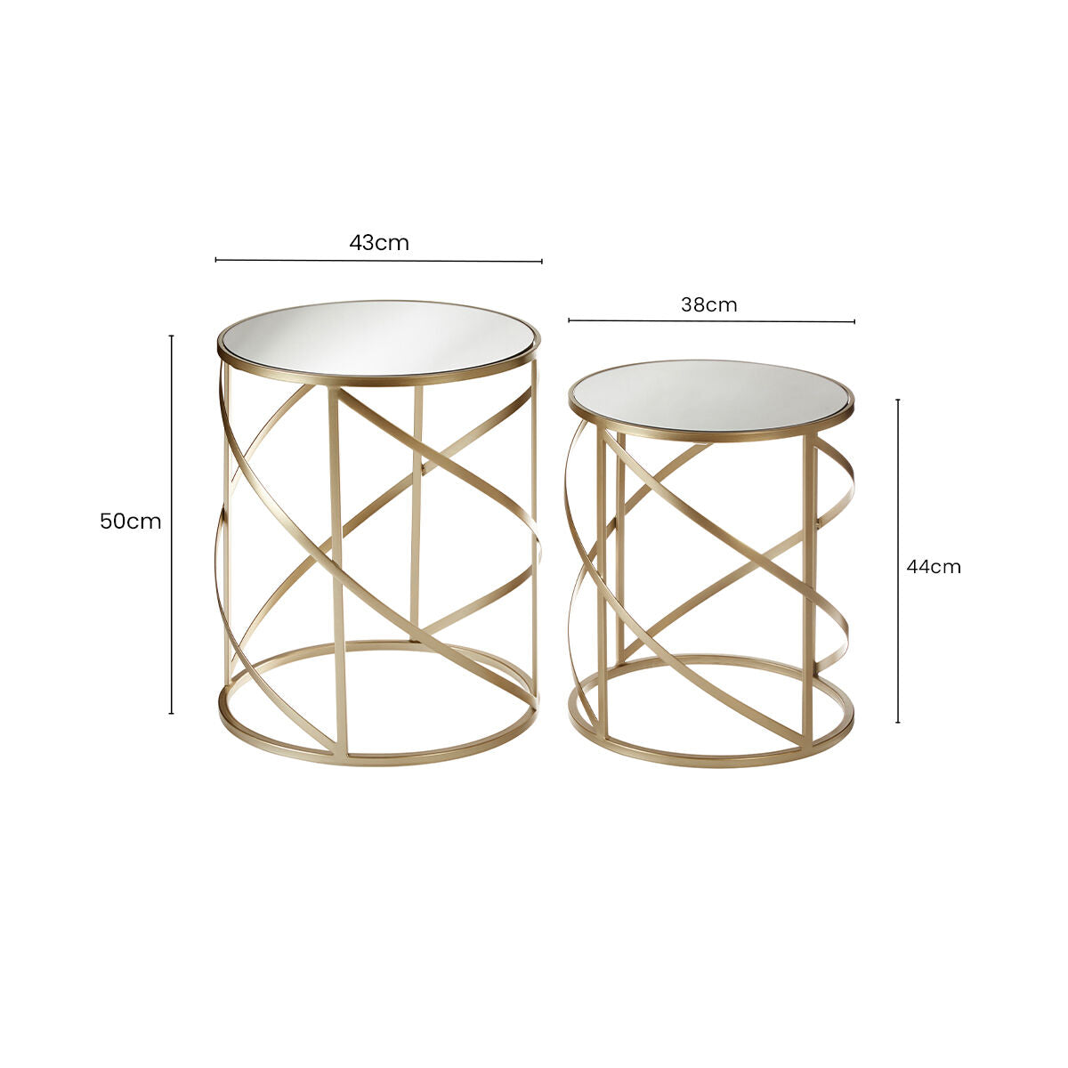 Avantis Champagne Finish Set of 2 Round Side Tables with Swirl Design