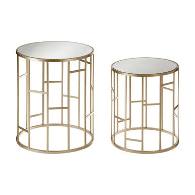 Set of 2 Gold Champagne Finish Asymmetric Round Side Tables with Mirrored Glass Tops, Avantis