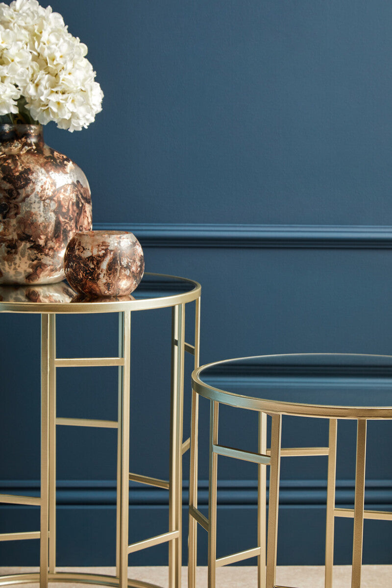 Avantis Champagne Finish Set of 2 Round Side Tables with Asymmetric Design