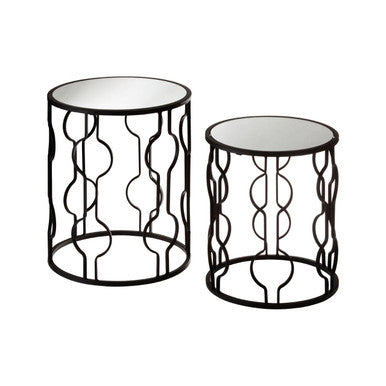 Set of 2 Black Metal Base Side Tables with Arabesque Detailing and Mirrored Glass Tops, Avantis