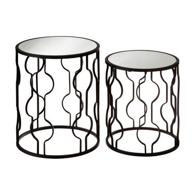 Set of 2 Black Metal Base Side Tables with Arabesque Detailing and Mirrored Glass Tops, Avantis