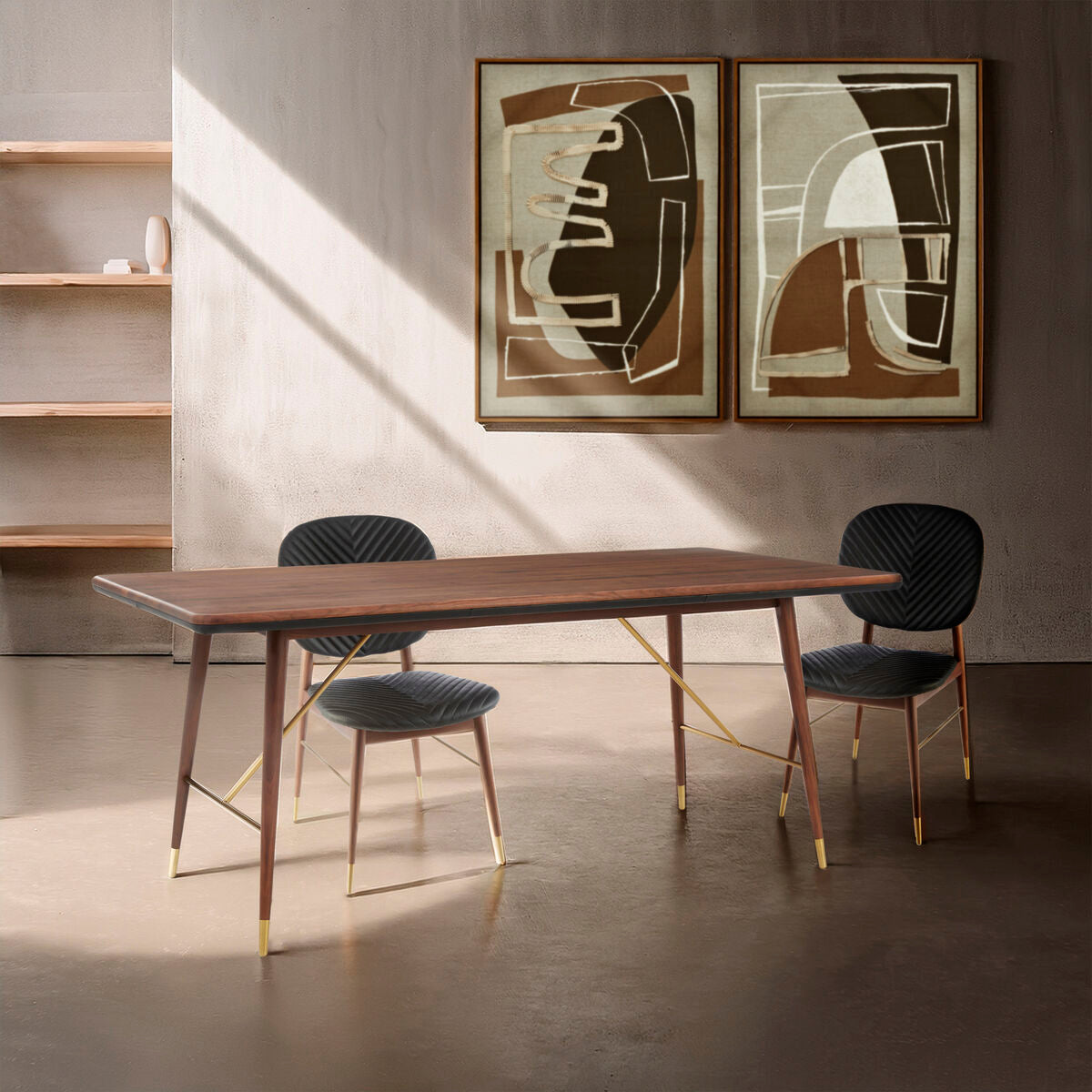 Brown Walnut Wood Dining Table with Brass Accents, Kenso