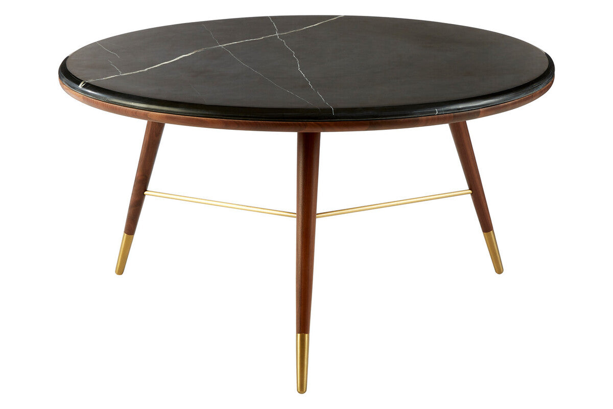 Dark Grey Marble Top Round Coffee Table with Walnut Wood Frame and Brass Finish Accents, Kenso
