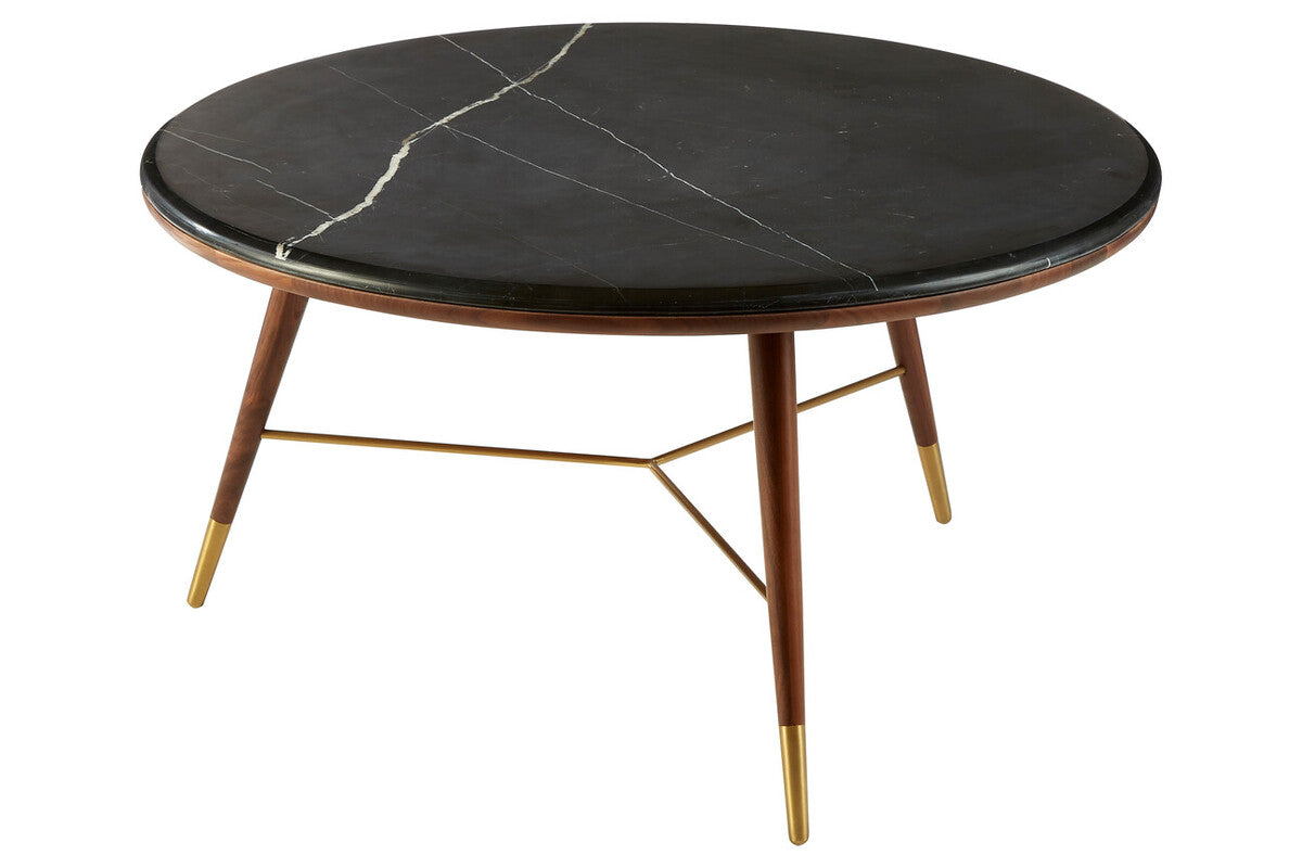 Dark Grey Marble Top Round Coffee Table with Walnut Wood Frame and Brass Finish Accents, Kenso