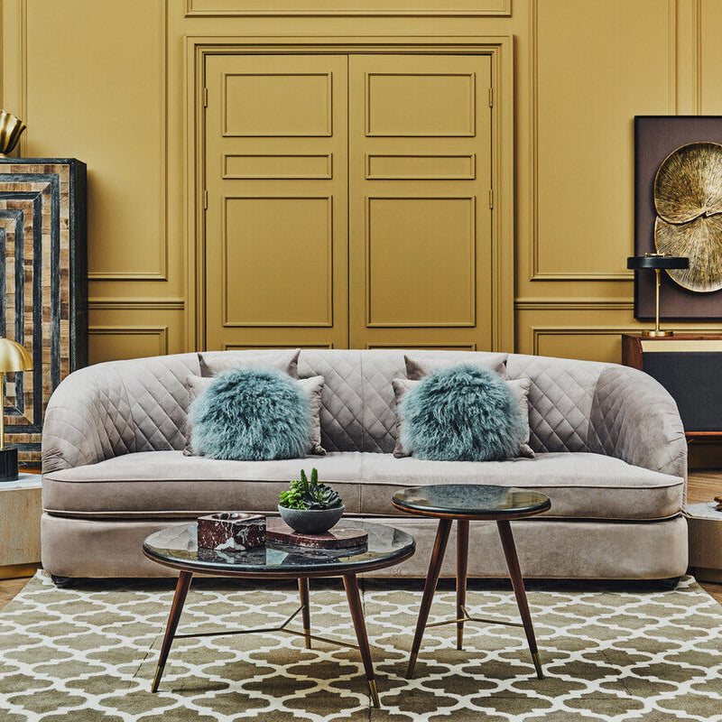 Dark Grey Marble Top Round Coffee Table with Walnut Wood Frame and Brass Finish Accents, Kenso