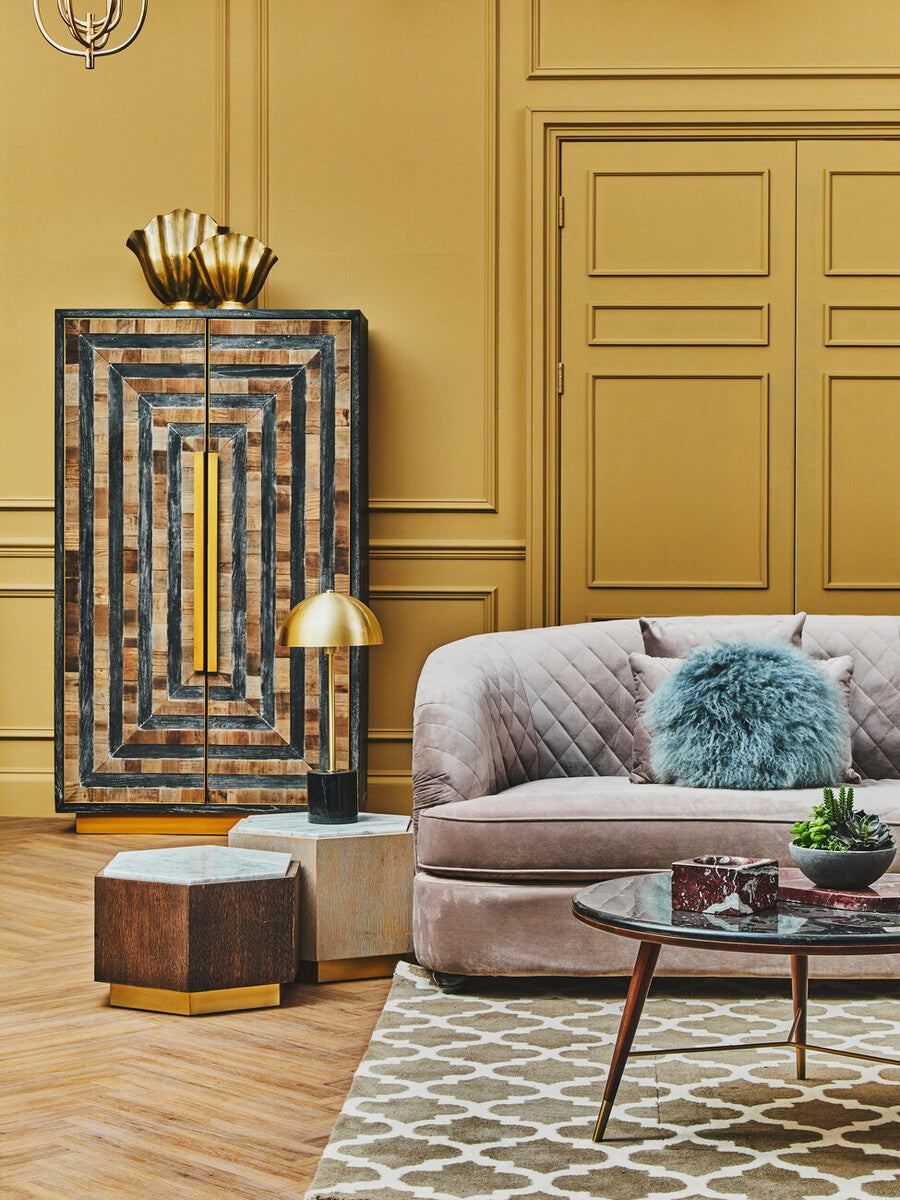 Dark Grey Marble Top Round Coffee Table with Walnut Wood Frame and Brass Finish Accents, Kenso