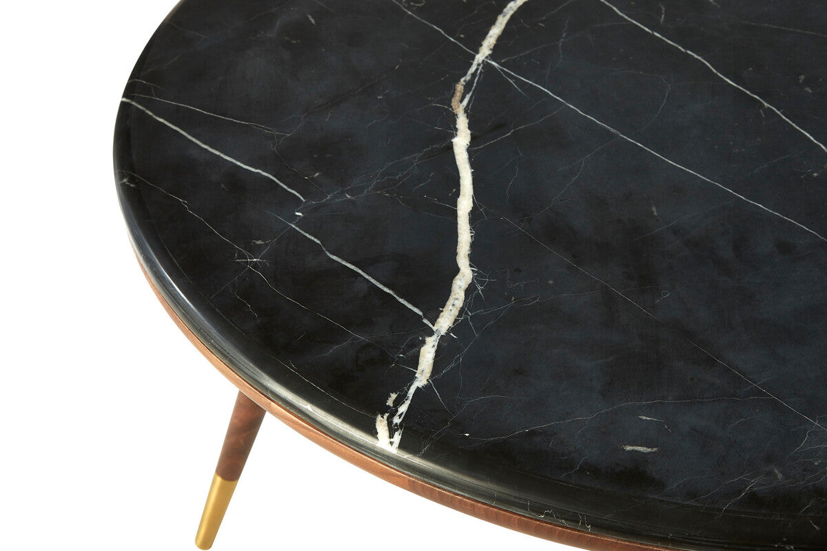 Dark Grey Marble Top Round Coffee Table with Walnut Wood Frame and Brass Finish Accents, Kenso
