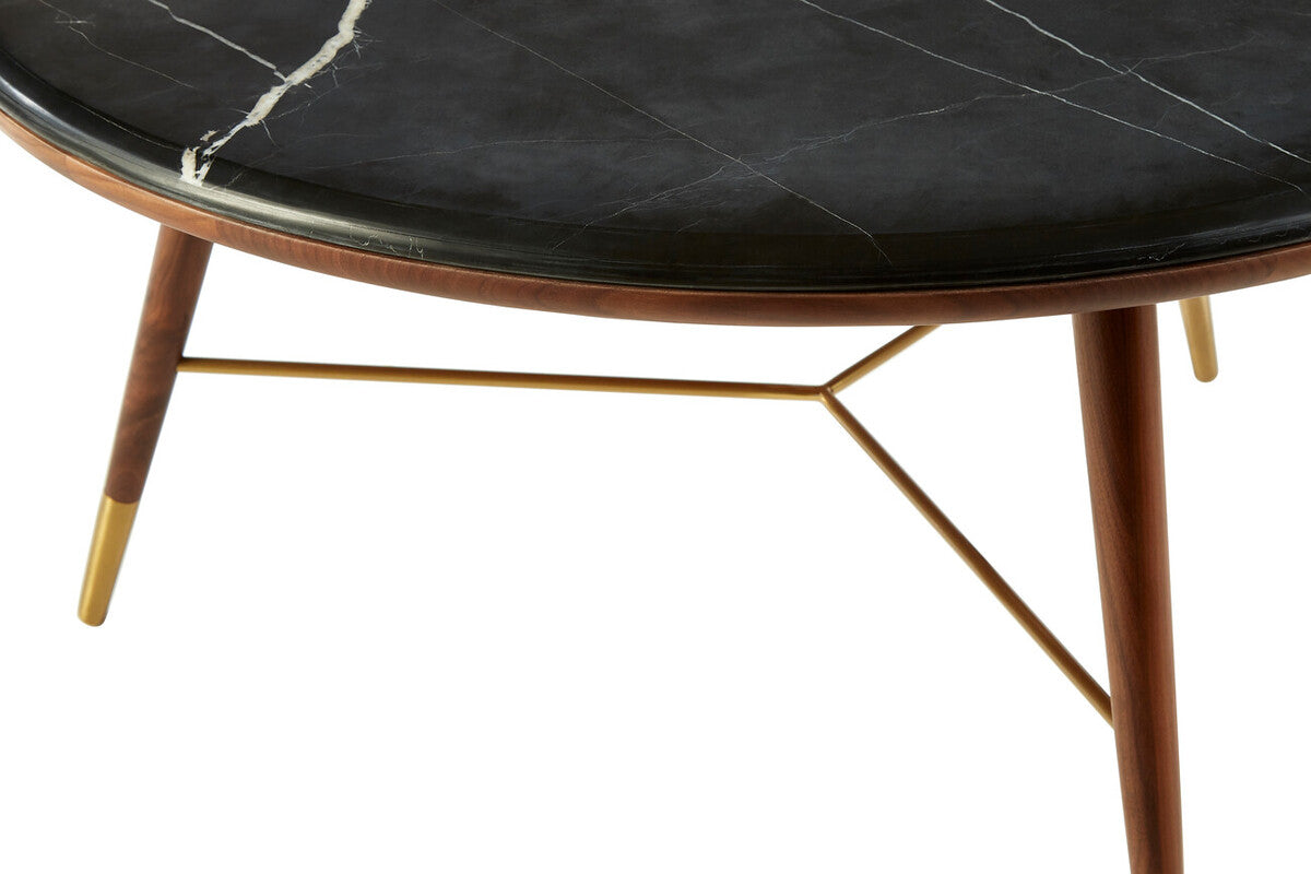 Dark Grey Marble Top Round Coffee Table with Walnut Wood Frame and Brass Finish Accents, Kenso