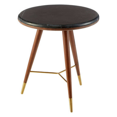 Dark Grey Marble Top Round End Table with Walnut Wood Frame and Brass Finish Accents, Kenso