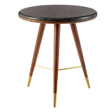 Dark Grey Marble Top Round End Table with Walnut Wood Frame and Brass Finish Accents, Kenso