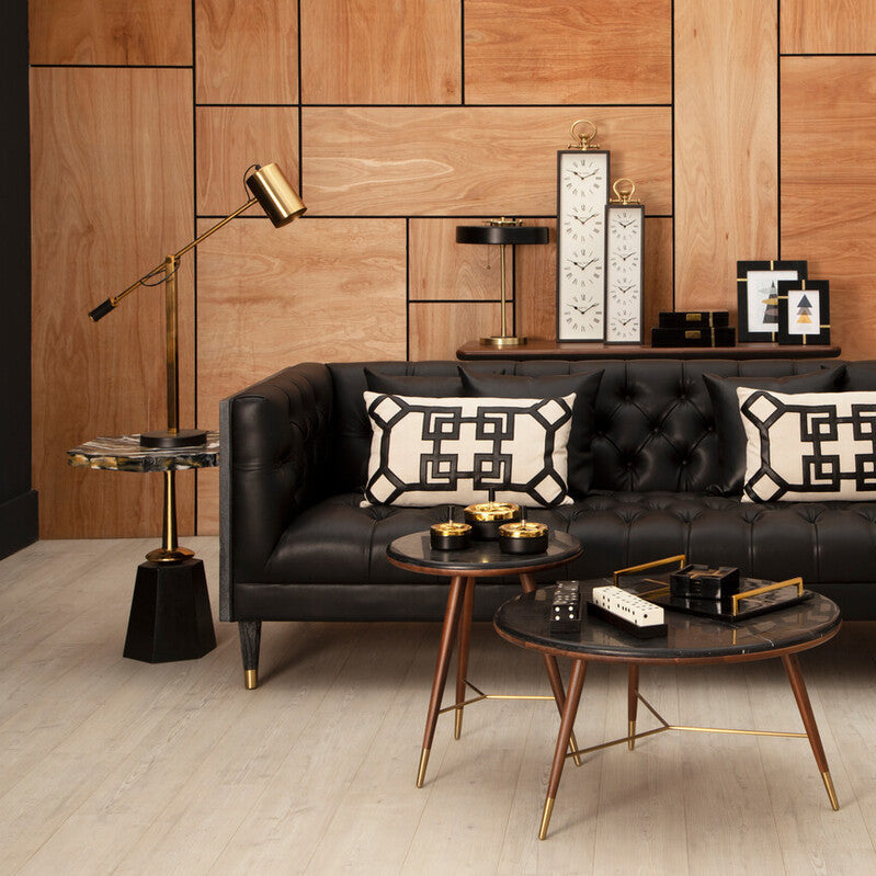 Dark Grey Marble Top Round End Table with Walnut Wood Frame and Brass Finish Accents, Kenso