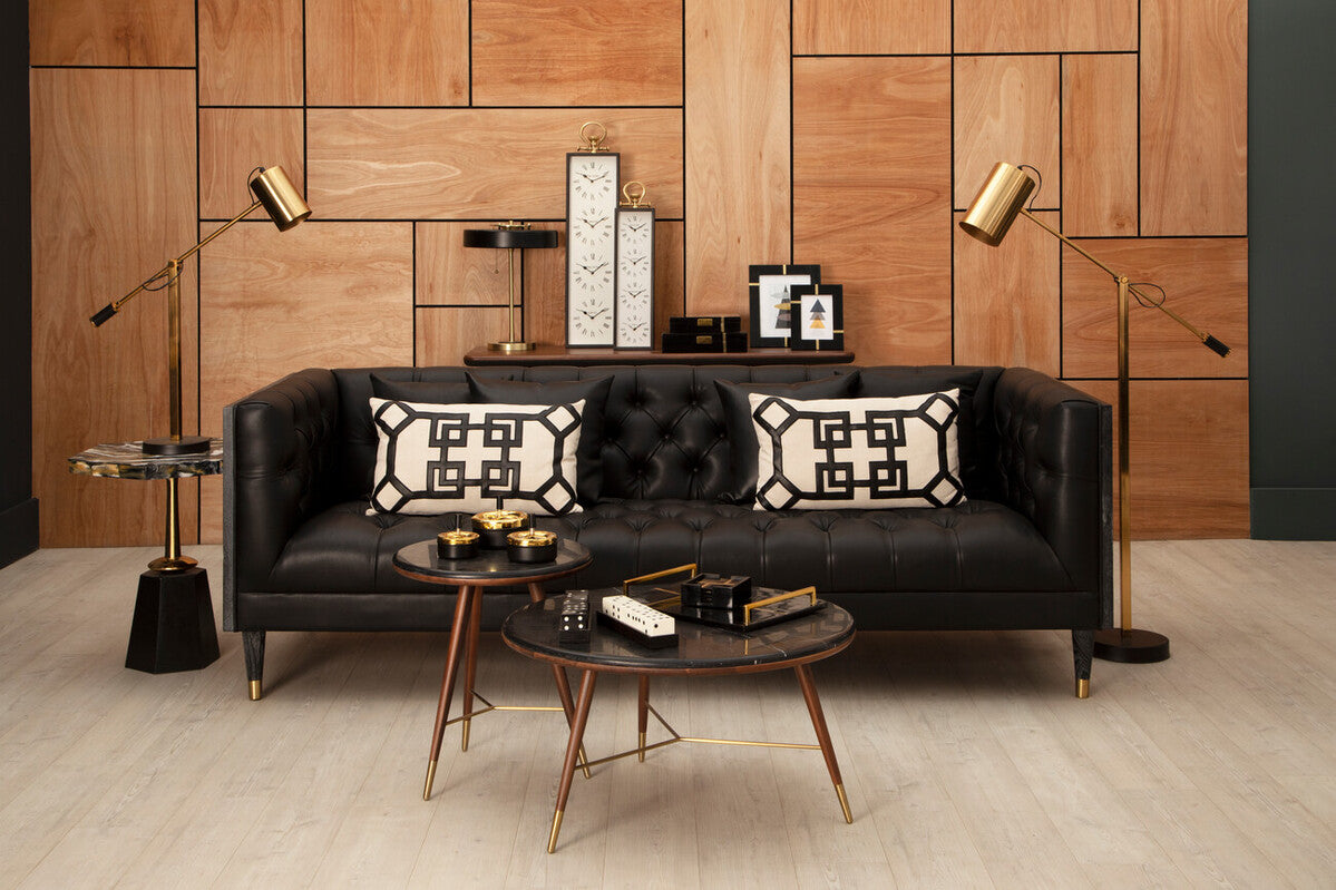 Dark Grey Marble Top Round End Table with Walnut Wood Frame and Brass Finish Accents, Kenso