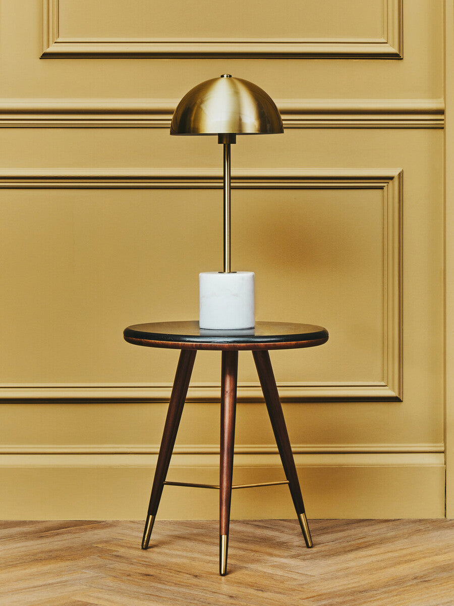 Dark Grey Marble Top Round End Table with Walnut Wood Frame and Brass Finish Accents, Kenso