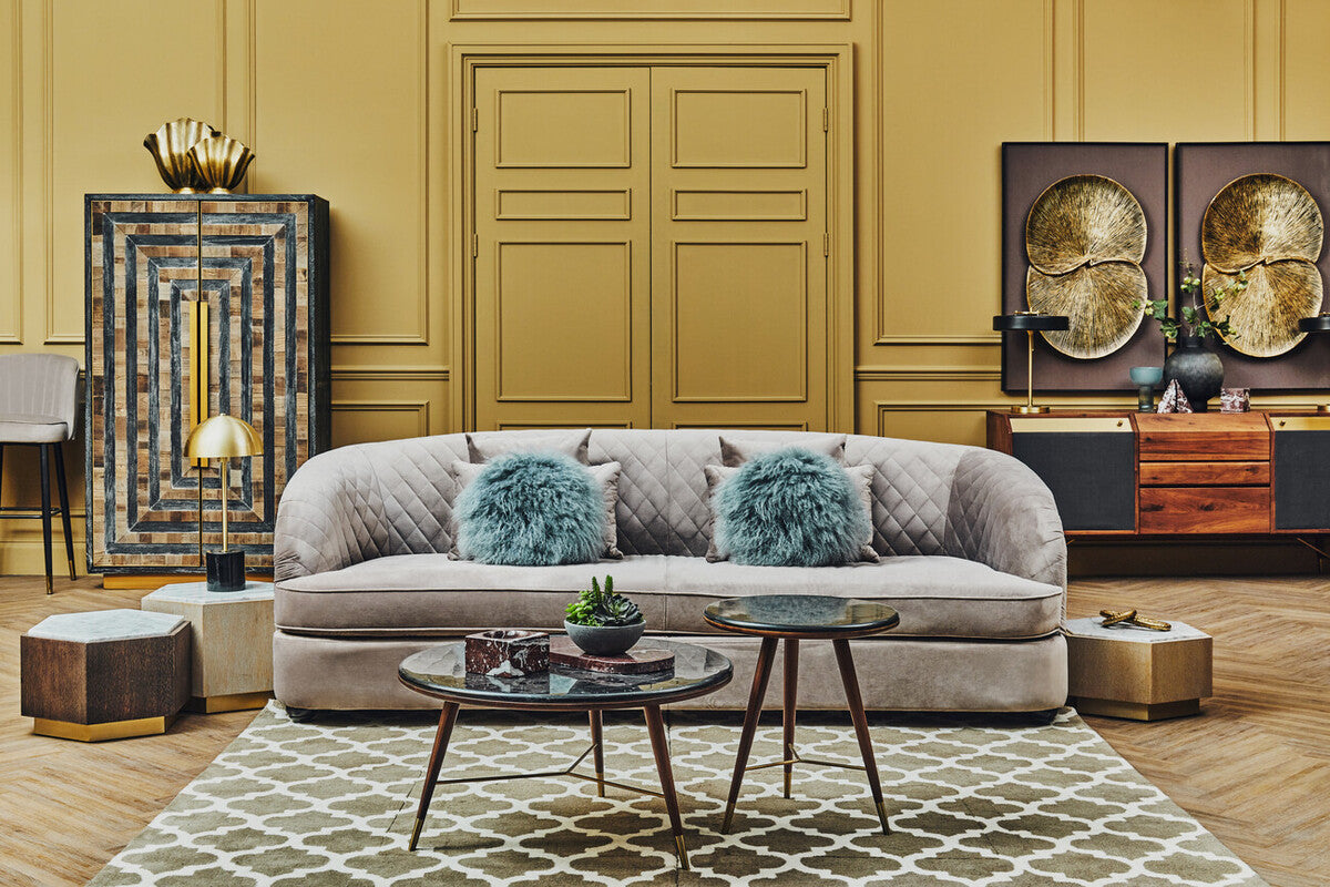 Dark Grey Marble Top Round End Table with Walnut Wood Frame and Brass Finish Accents, Kenso