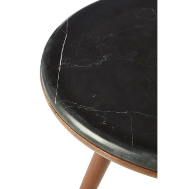 Dark Grey Marble Top Round End Table with Walnut Wood Frame and Brass Finish Accents, Kenso