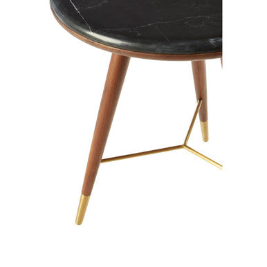 Dark Grey Marble Top Round End Table with Walnut Wood Frame and Brass Finish Accents, Kenso
