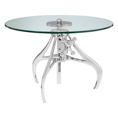 Clear Glass Top Accent Table with Silver Height Adjustable Crank Mechanism Metal Frame, Maxi