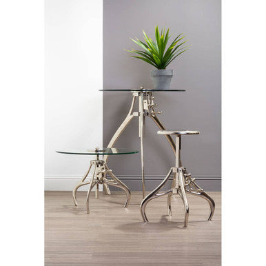 Clear Glass Top Accent Table with Silver Height Adjustable Crank Mechanism Metal Frame, Maxi
