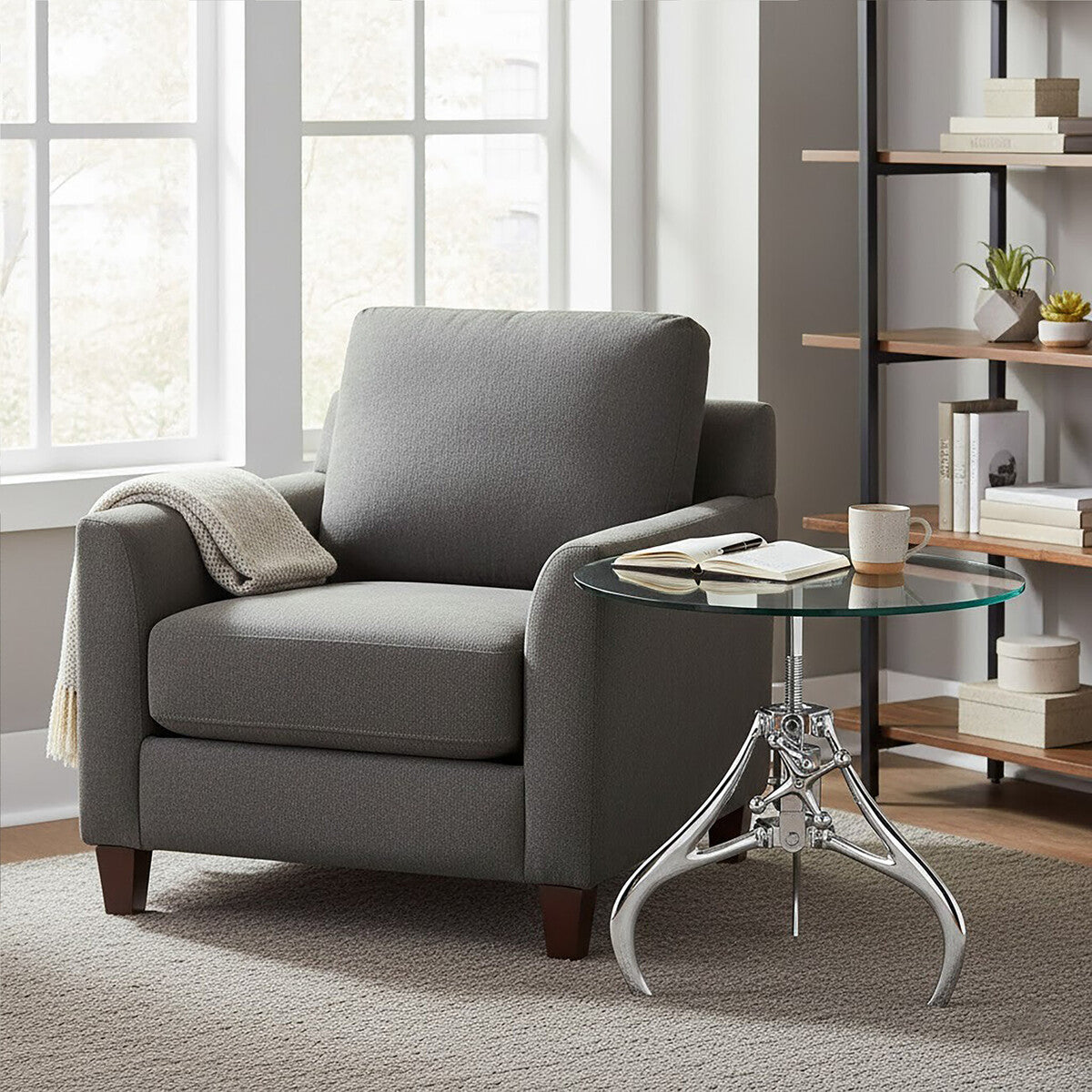 Clear Glass Top Accent Table with Silver Height Adjustable Crank Mechanism Metal Frame, Maxi