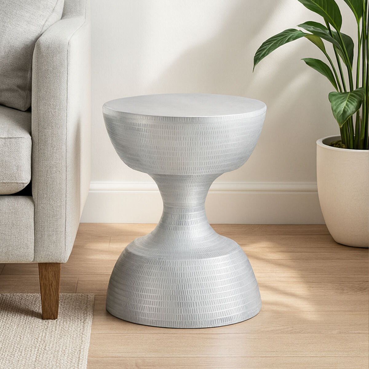 Matin Silver Finish Textured Metal Small Side Table