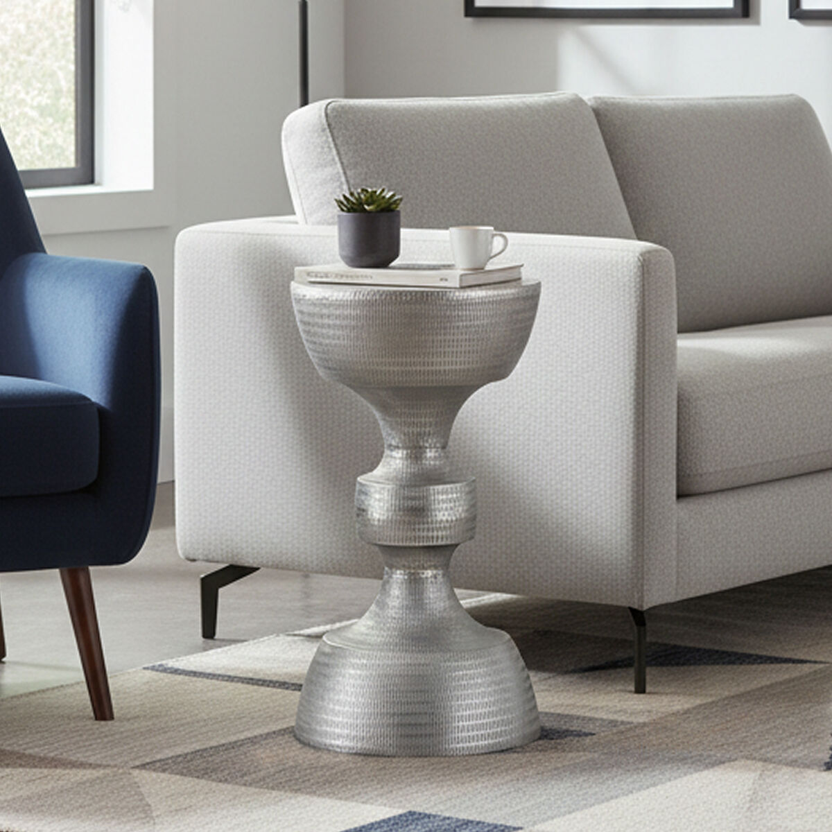 Matin Silver Finish Textured Metal Large Side Table