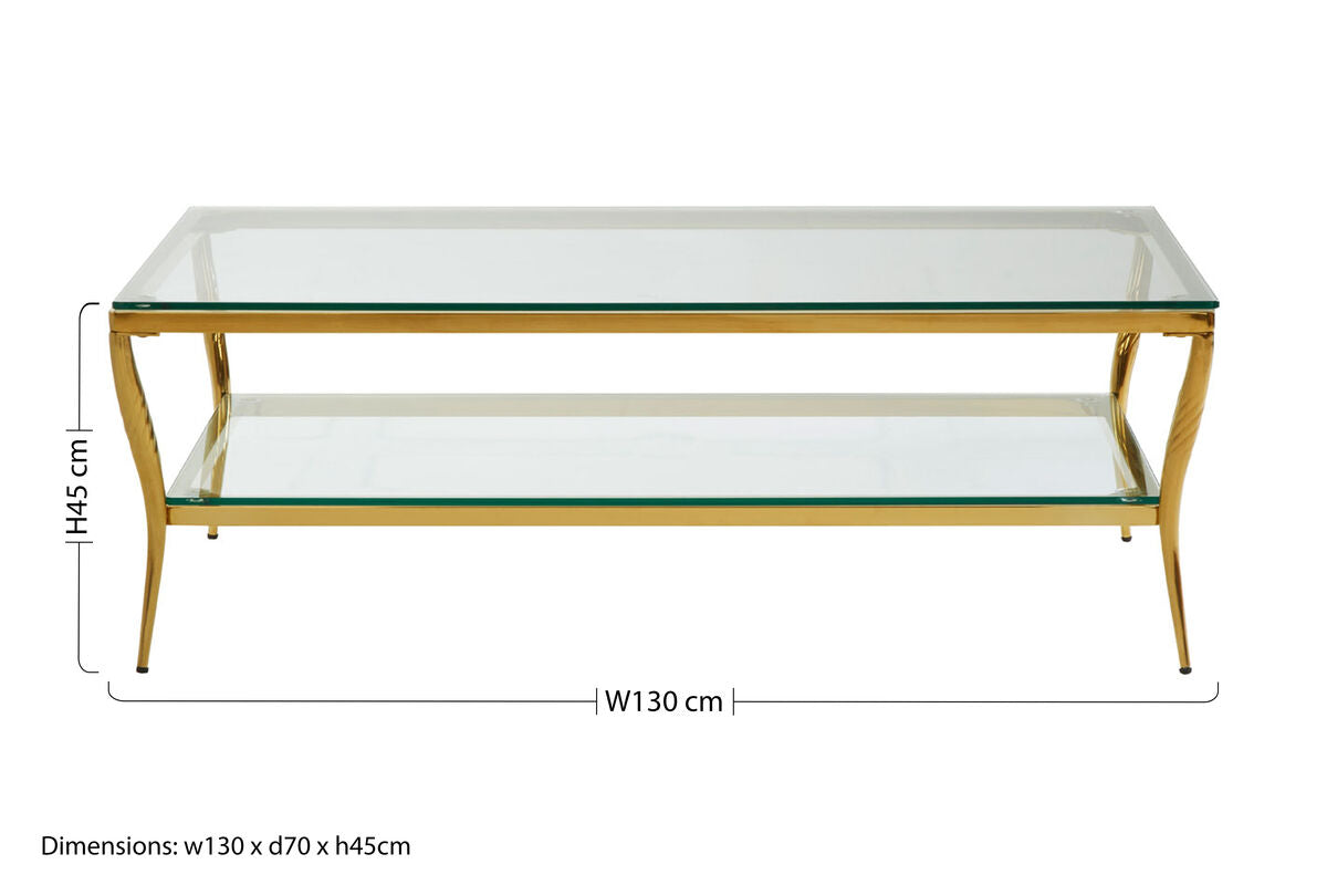 Two-Tier Coffee Table with Clear Tempered Glass Top and Gold Finish Stainless Steel Frame, Arezzo