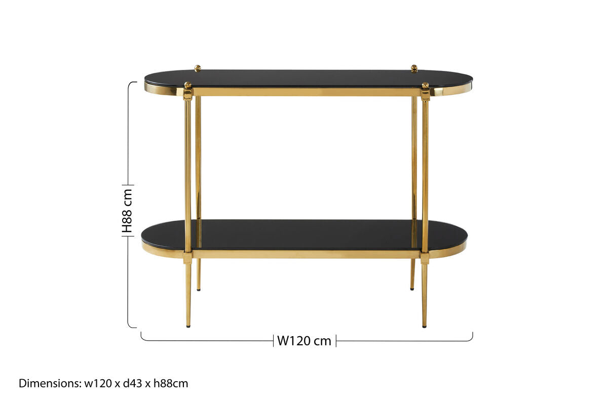 Gold Stainless Steel Frame 2-Tier Console Table with Double Black Tempered Glass Tiers, Arezzo